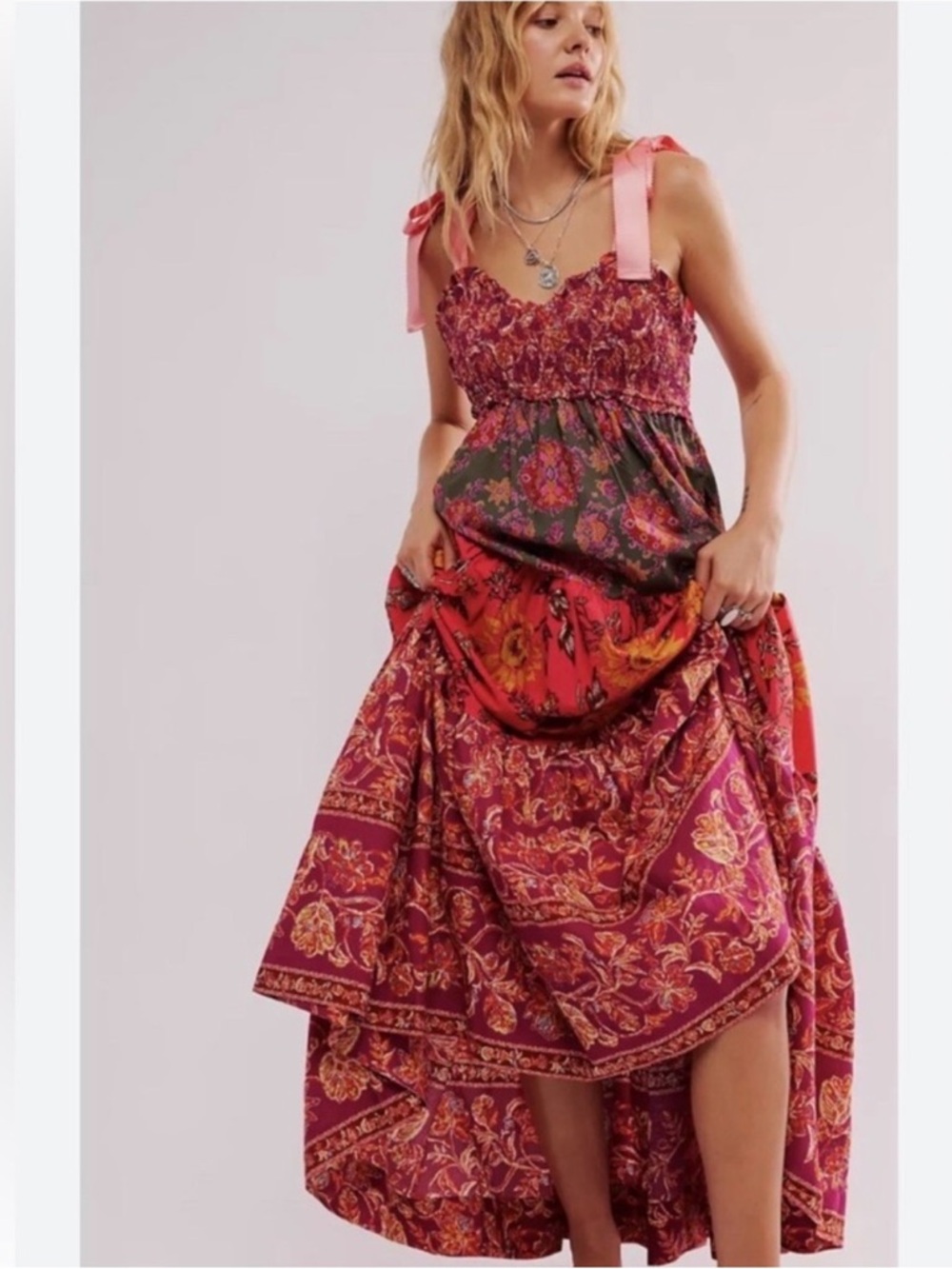 Free People Magenta Floral Tie-Shoulder Maxi Dress